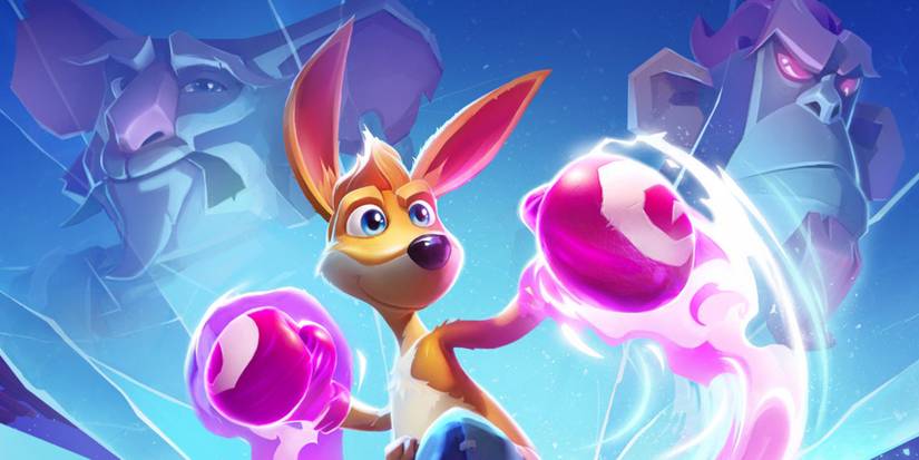 kao the kangaroo in center with two other characters in frame