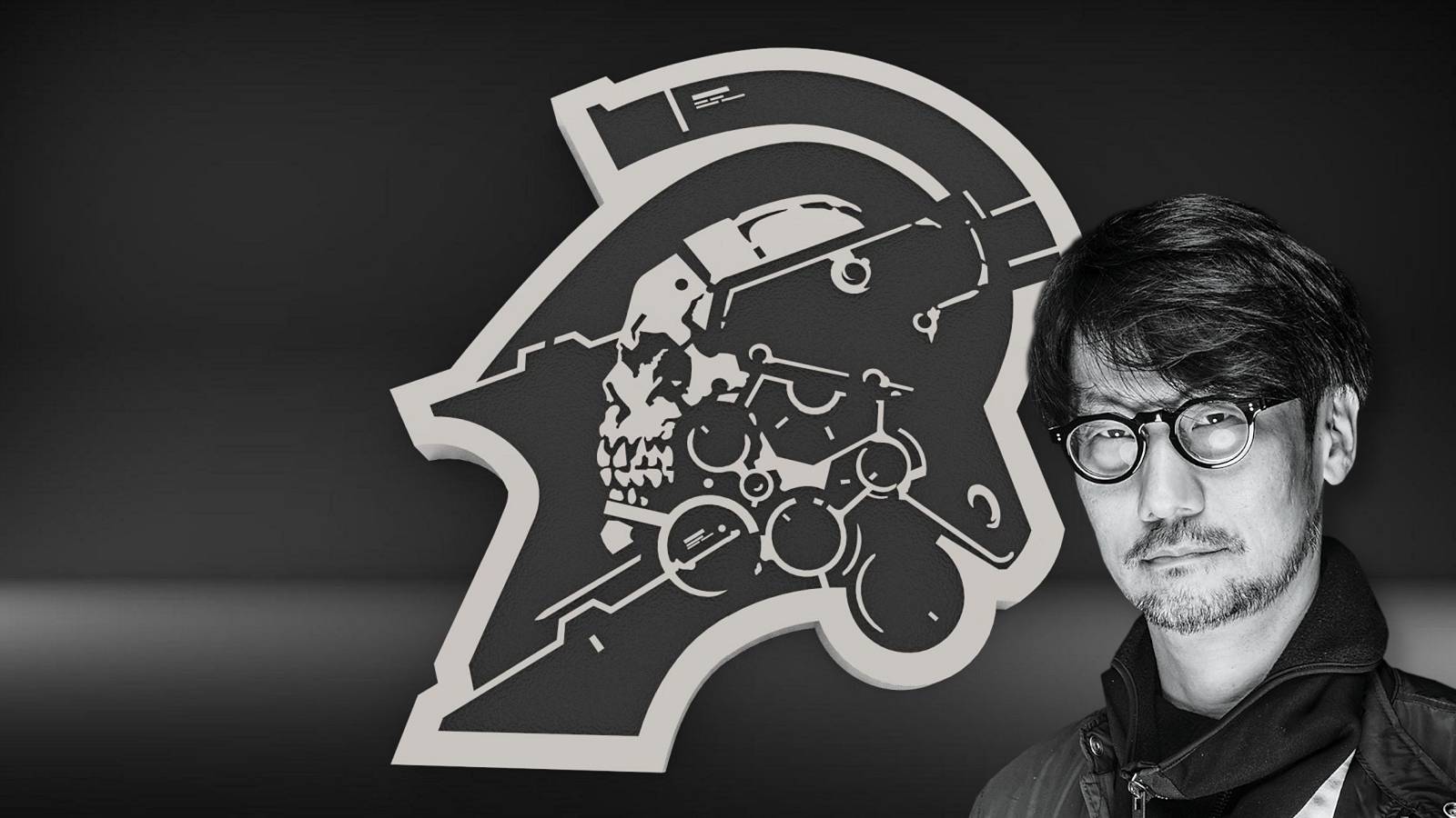 Black and white photo of Hideo Kojima in front of the Kojima Productions logo.