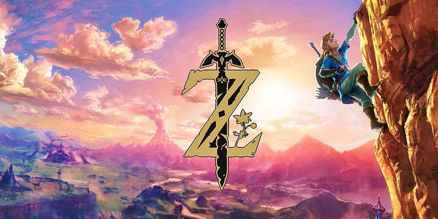The Z logo with the Master Sword from the Legend of Zelda series with Link climbing a cliff in the images peripheral.