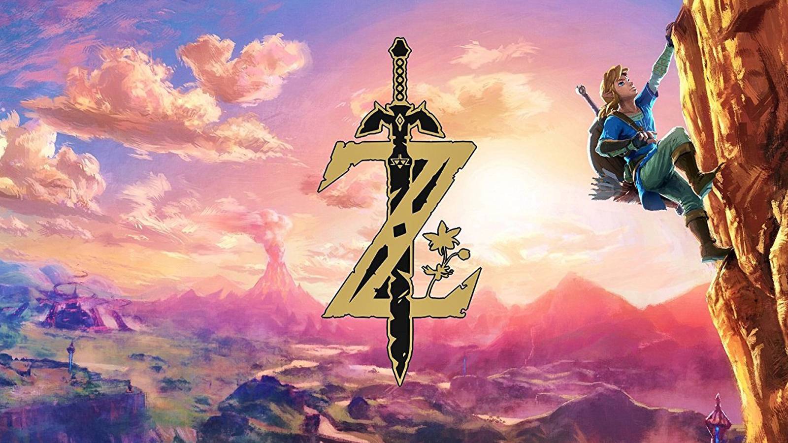The Z logo with the Master Sword from the Legend of Zelda series with Link climbing a cliff in the images peripheral.