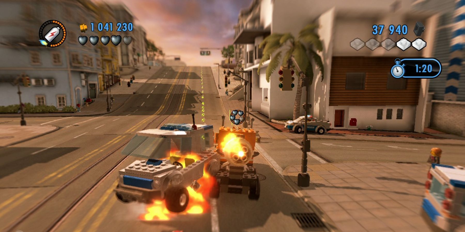 Two cars on fire in Lego City Undercover