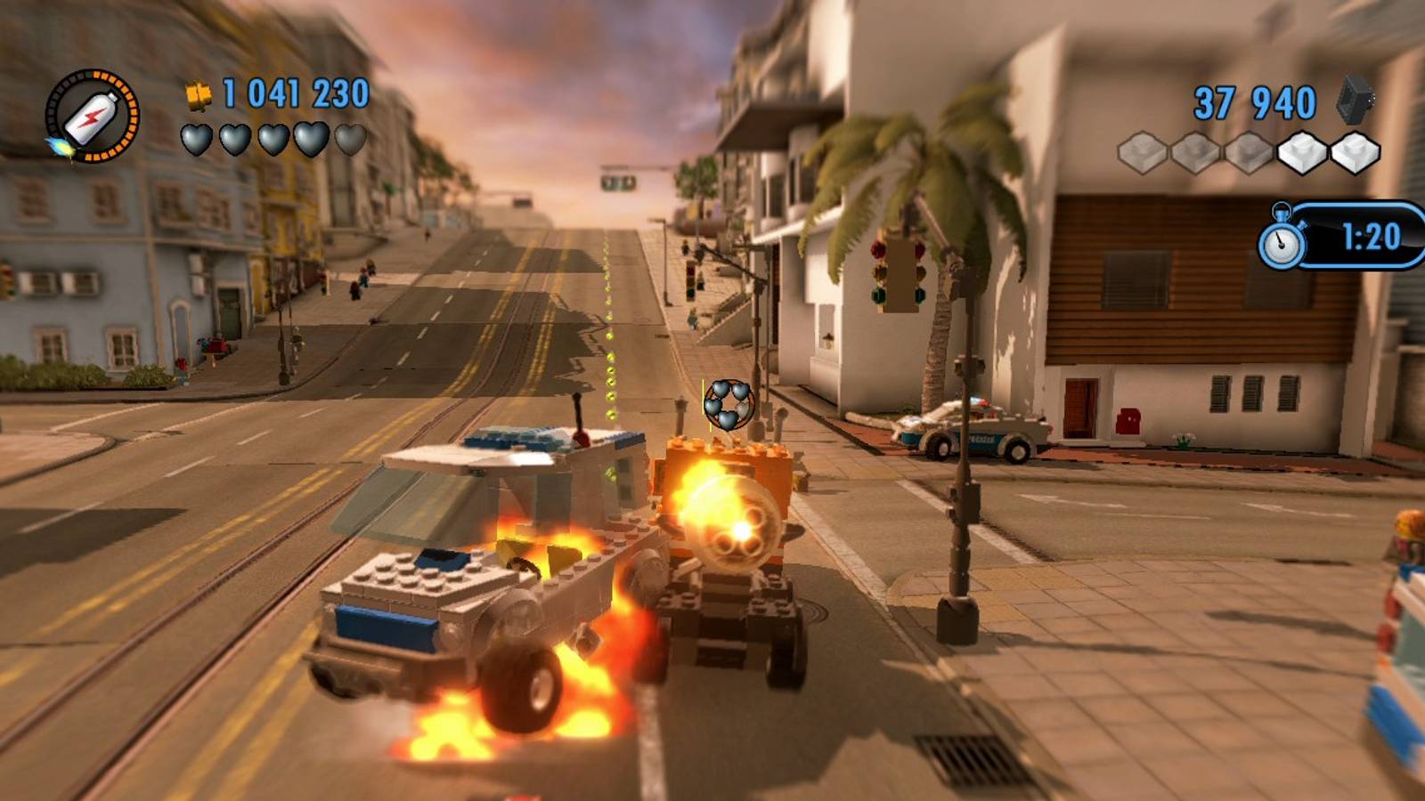 Two cars on fire in Lego City Undercover