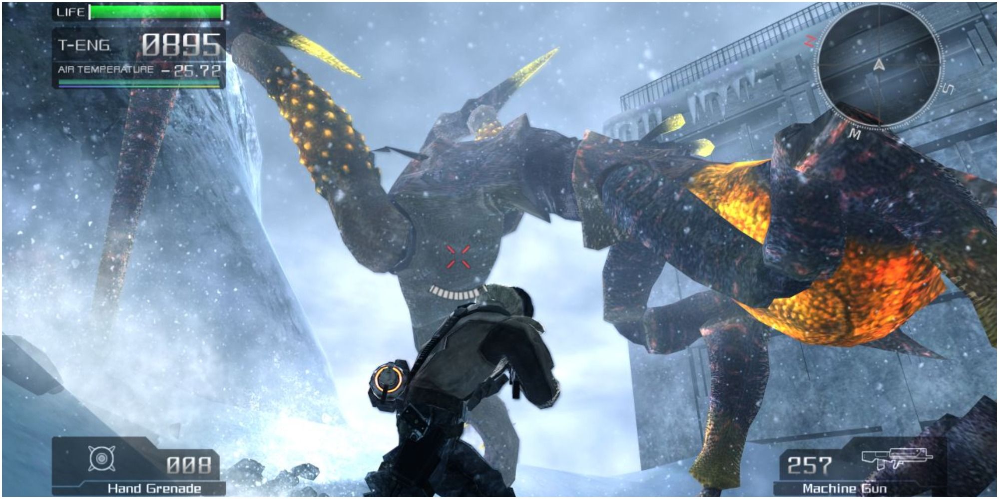 Fighting a giant alien on foot in Lost Planet