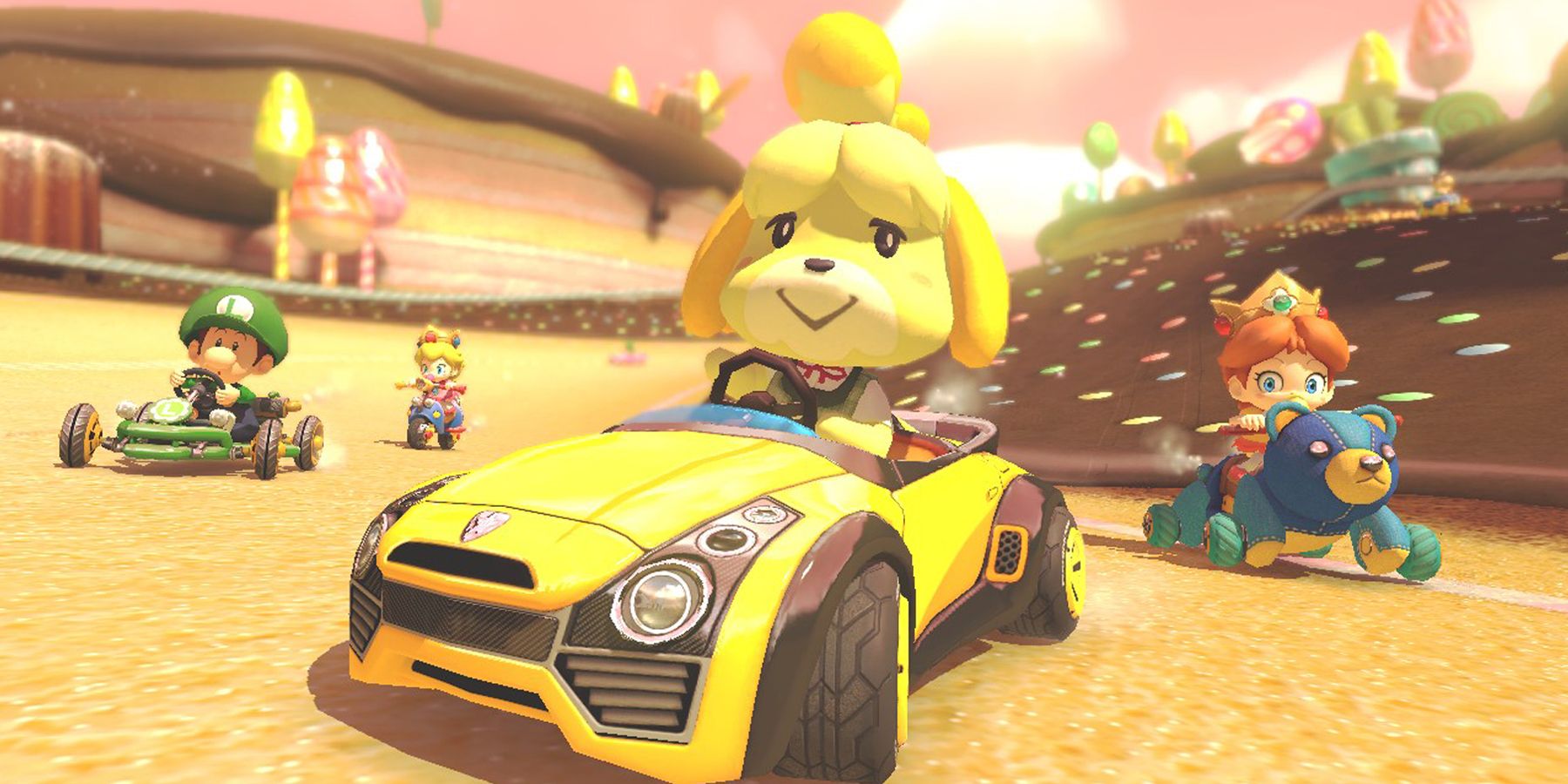 Isabelle, Baby Luigi, Baby Peach, and Baby Daisy race in Mario Kart 8.