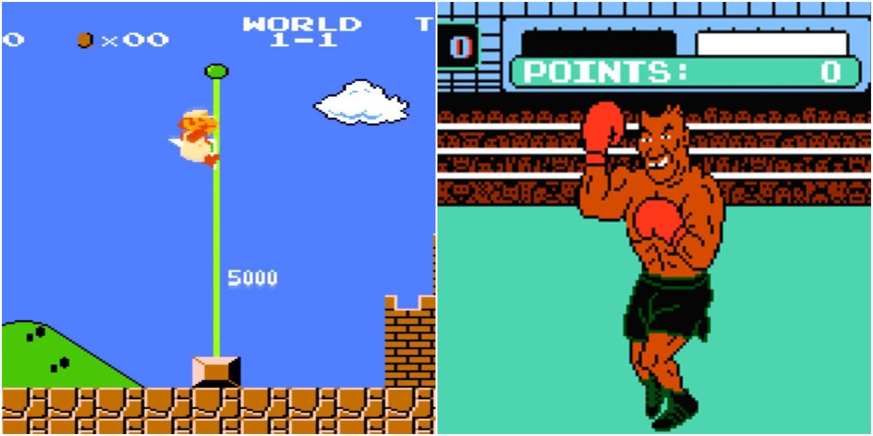 (Left) Mario on a flag (Right) Mike Tyson celebrating