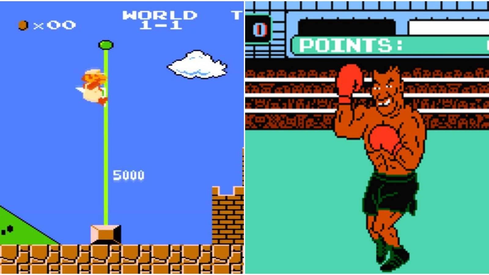 (Left) Mario on a flag (Right) Mike Tyson celebrating