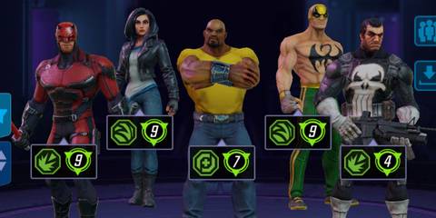 Daredevil, Luke Cage, Punisher, Jessica Jones, and Iron Fist as the Defenders in Marvel Strike Force