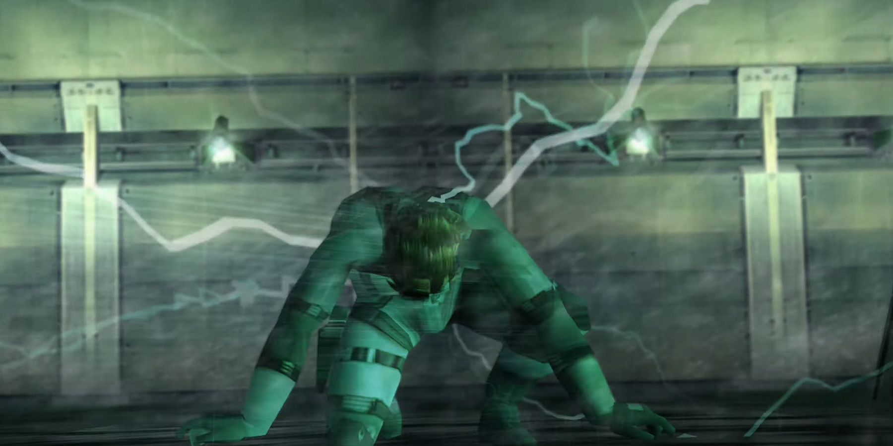 Image from the Metal Gear Solid 2 opening cutscene showing Solid Snake landing on the USS Discovery.
