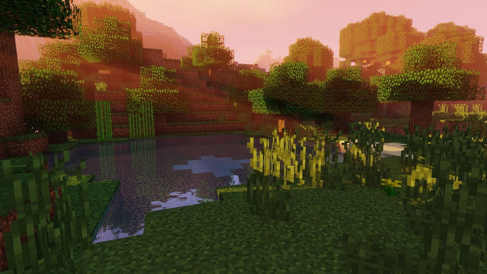 Screenshot from Minecraft showing a lake with realistic sunlight.