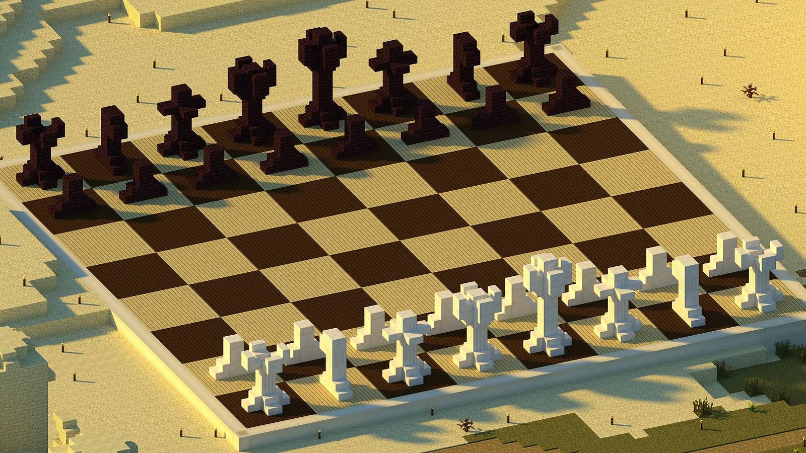 Screenshot from Minecraft showing a giant chessboard from high up.