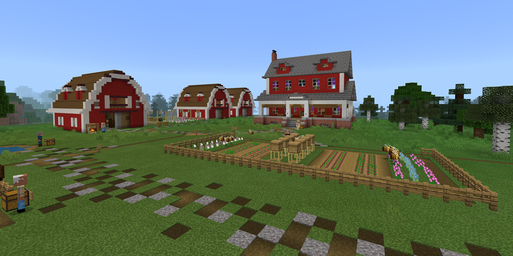 Screenshot from Minecraft showing a farm, which includes a farmhouse and a barn.