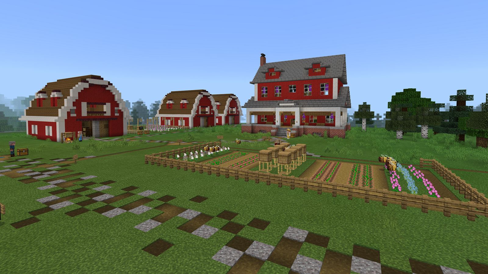 Screenshot from Minecraft showing a farm, which includes a farmhouse and a barn.