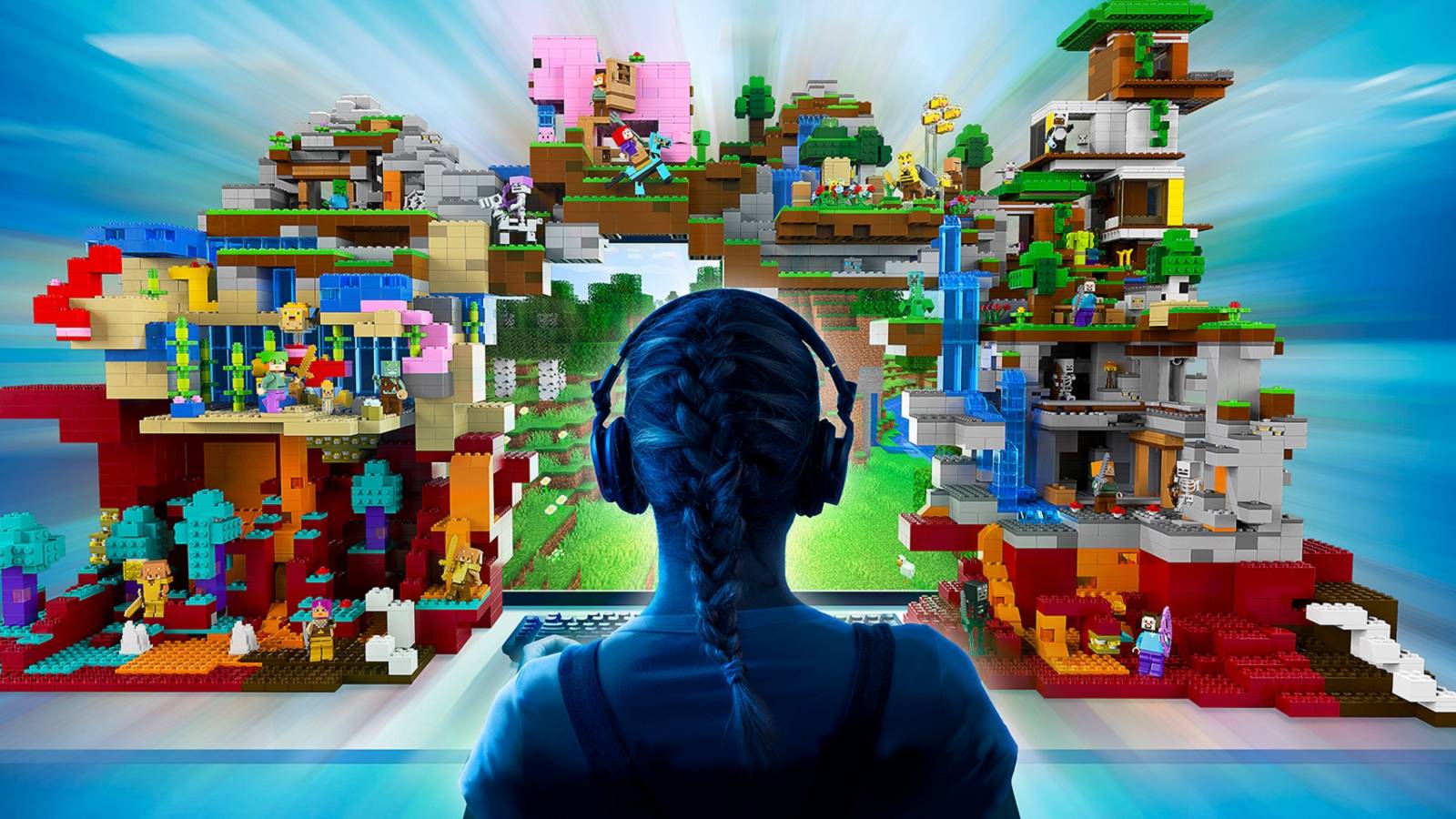 Image showing a girl stood in front of a large Minecraft LEGO set on a blue background.