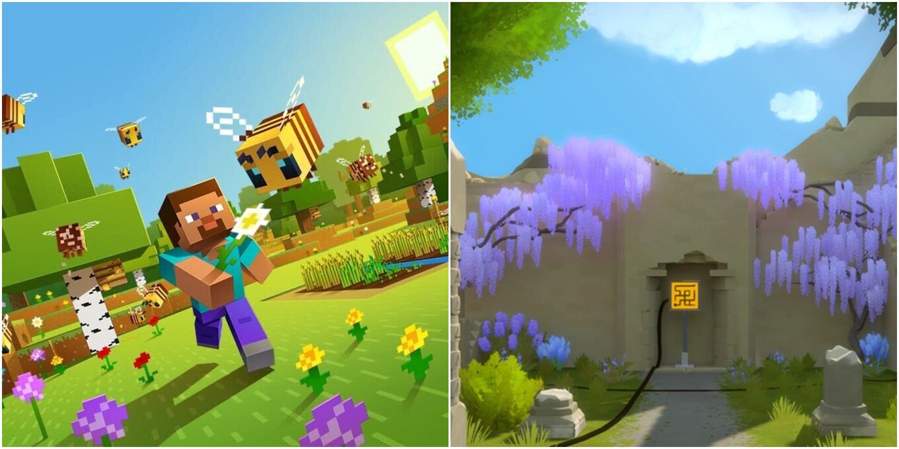 (Left) Steve chasing a bee (Right) Line puzzle from The Witness