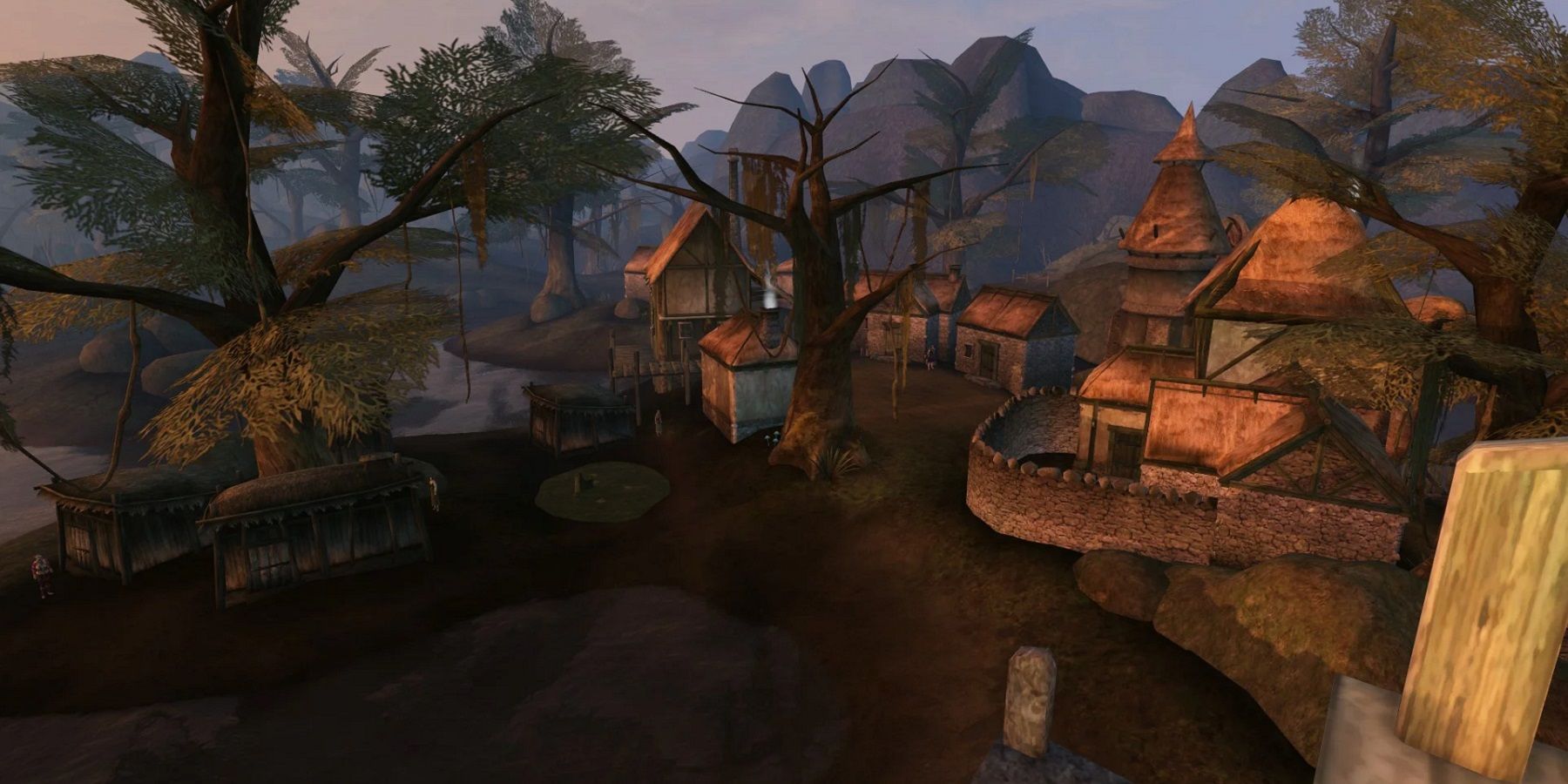 Screenshot from The Elder Scrolls 3: Morrowind showing a wide angle view of Seyda Neen.
