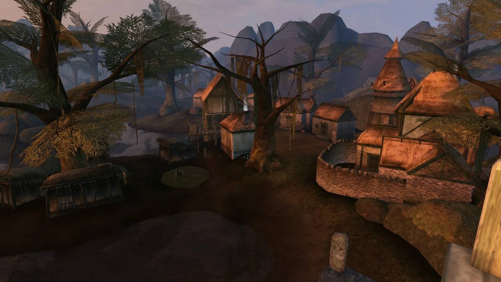 Screenshot from The Elder Scrolls 3: Morrowind showing a wide angle view of Seyda Neen.