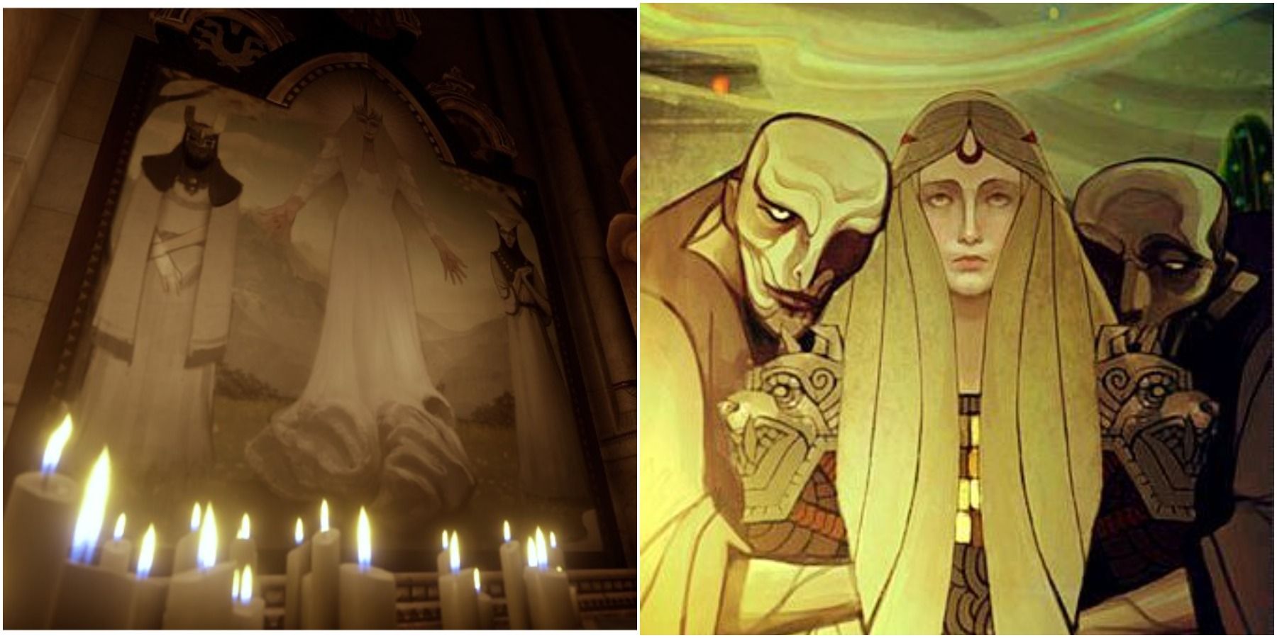 Split image of Andraste mural and Andraste in Tevinter in Dragon Age