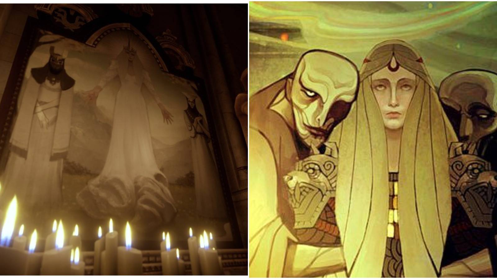 Split image of Andraste mural and Andraste in Tevinter in Dragon Age