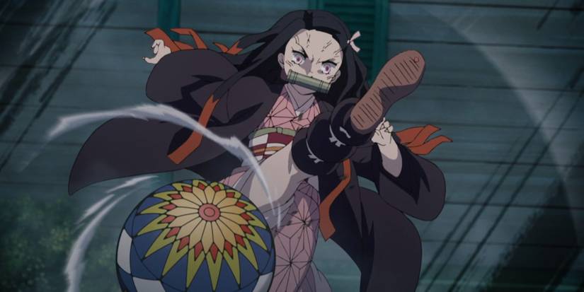 nezuko kicks ball in demon slayer