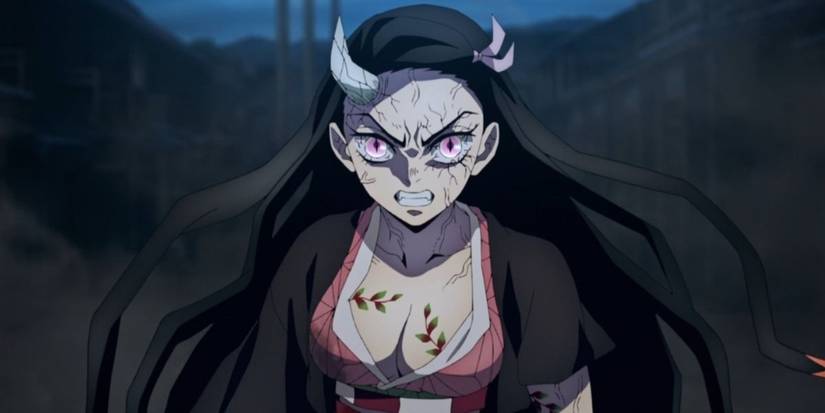 Nezuko assumes an adult demon form while fighting Daki in Demon Slayer.
