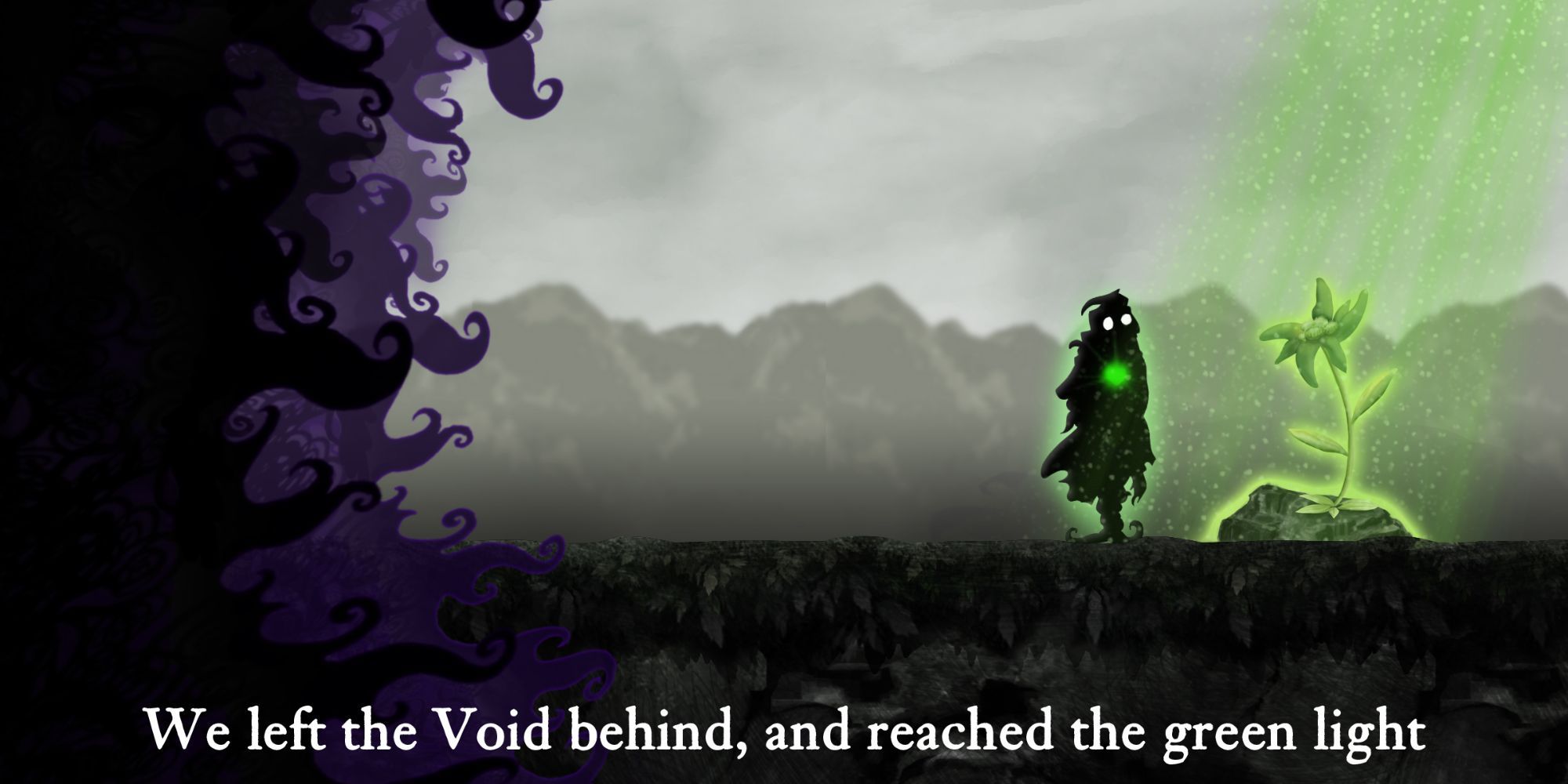 Born stands beside a glowing green flower in Nihilumbra