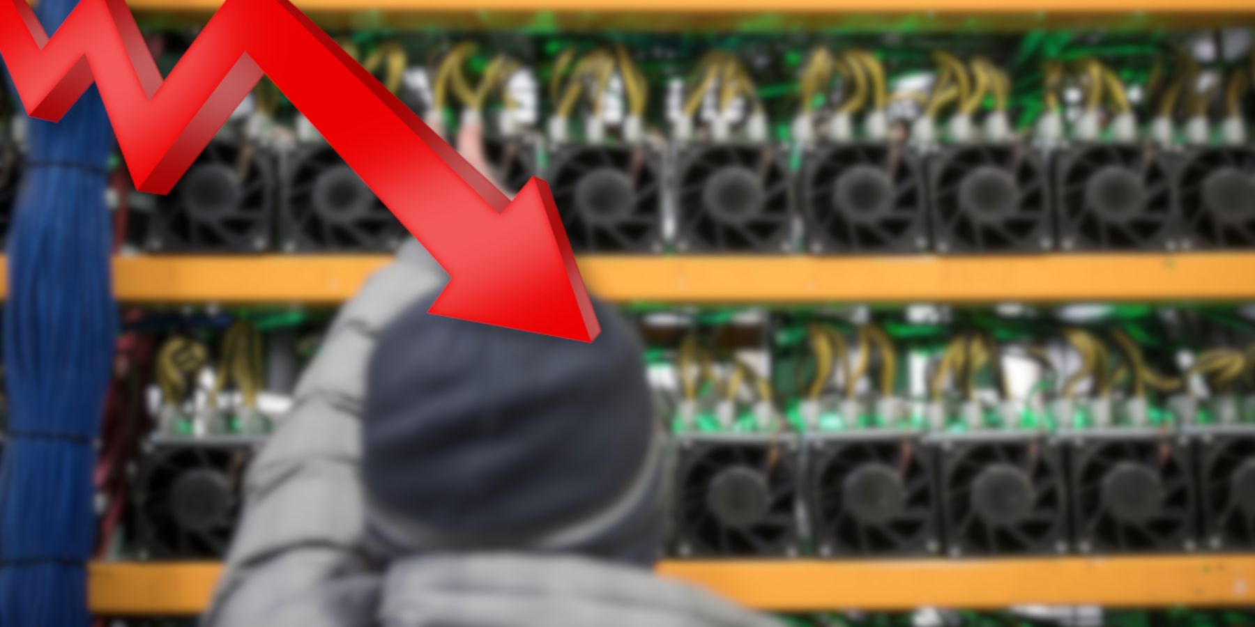 Image showing someone in front of a GPU mining farm with a red arrow pointing down.