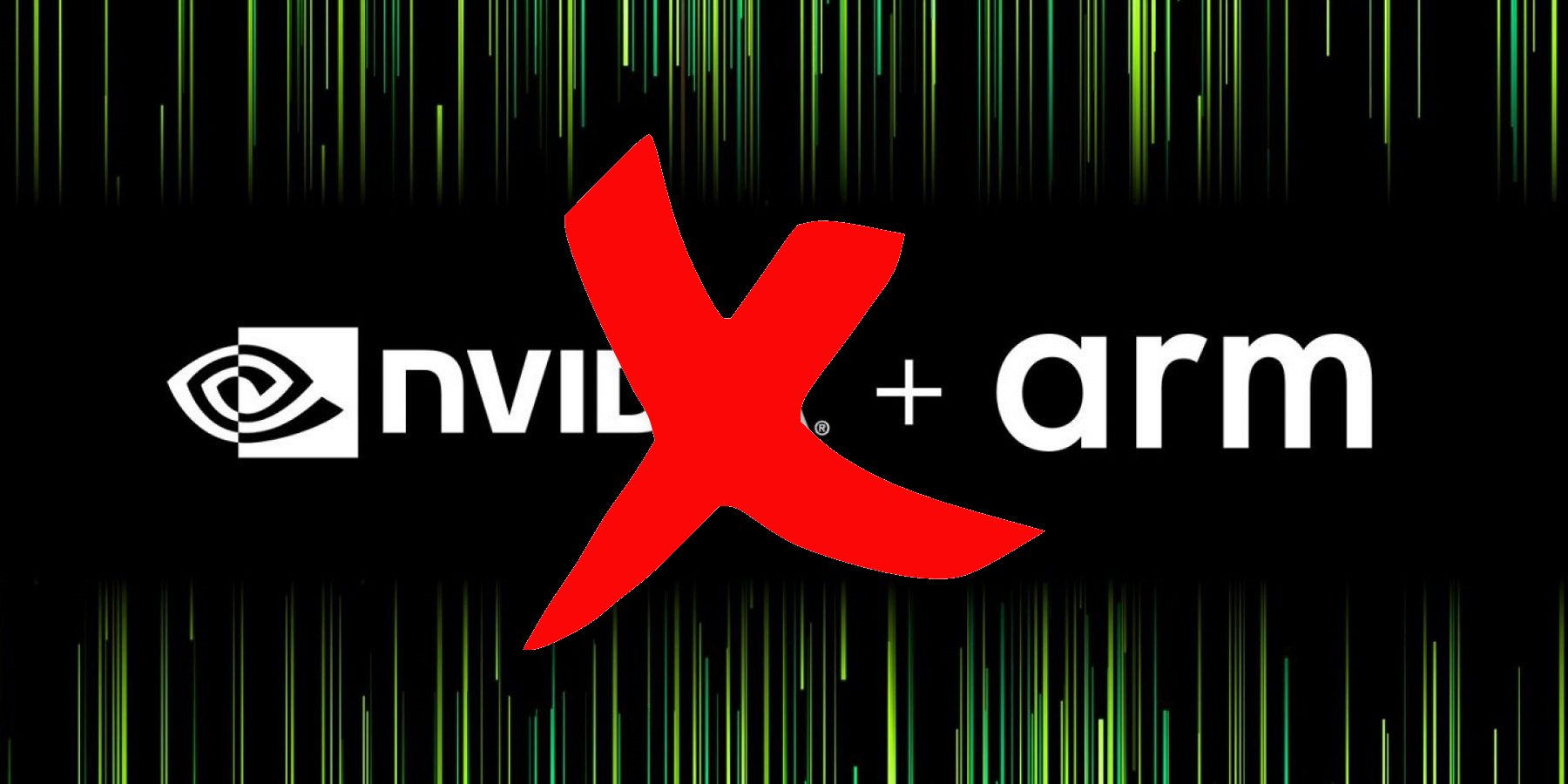 Image showing the Nvidis and Arm logos next to each other with a red cross over the top.