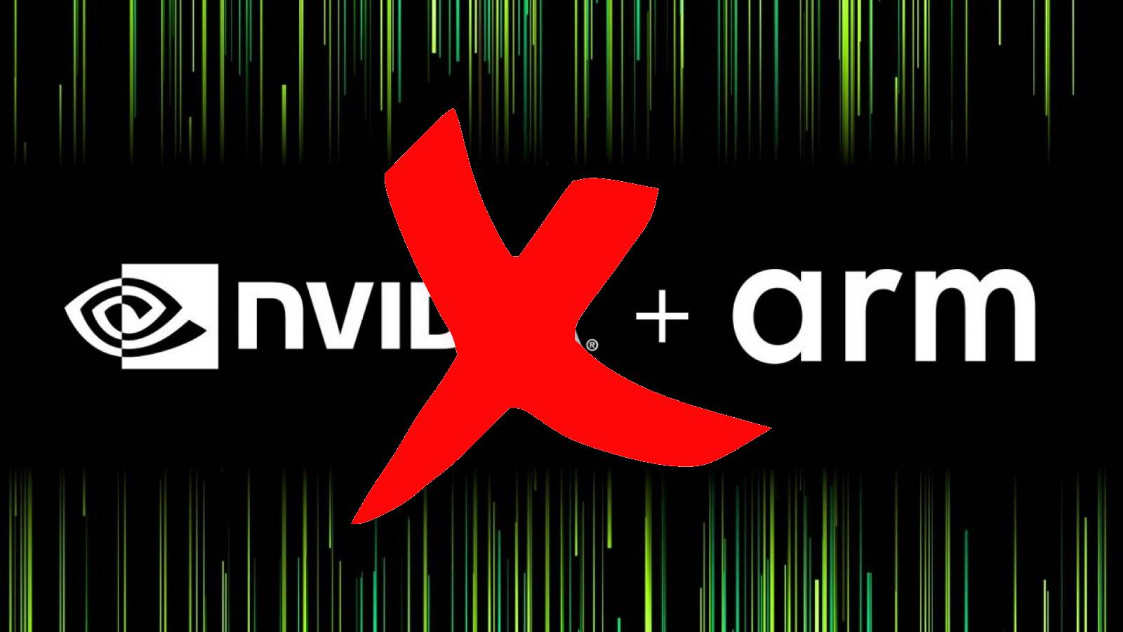 Image showing the Nvidis and Arm logos next to each other with a red cross over the top.