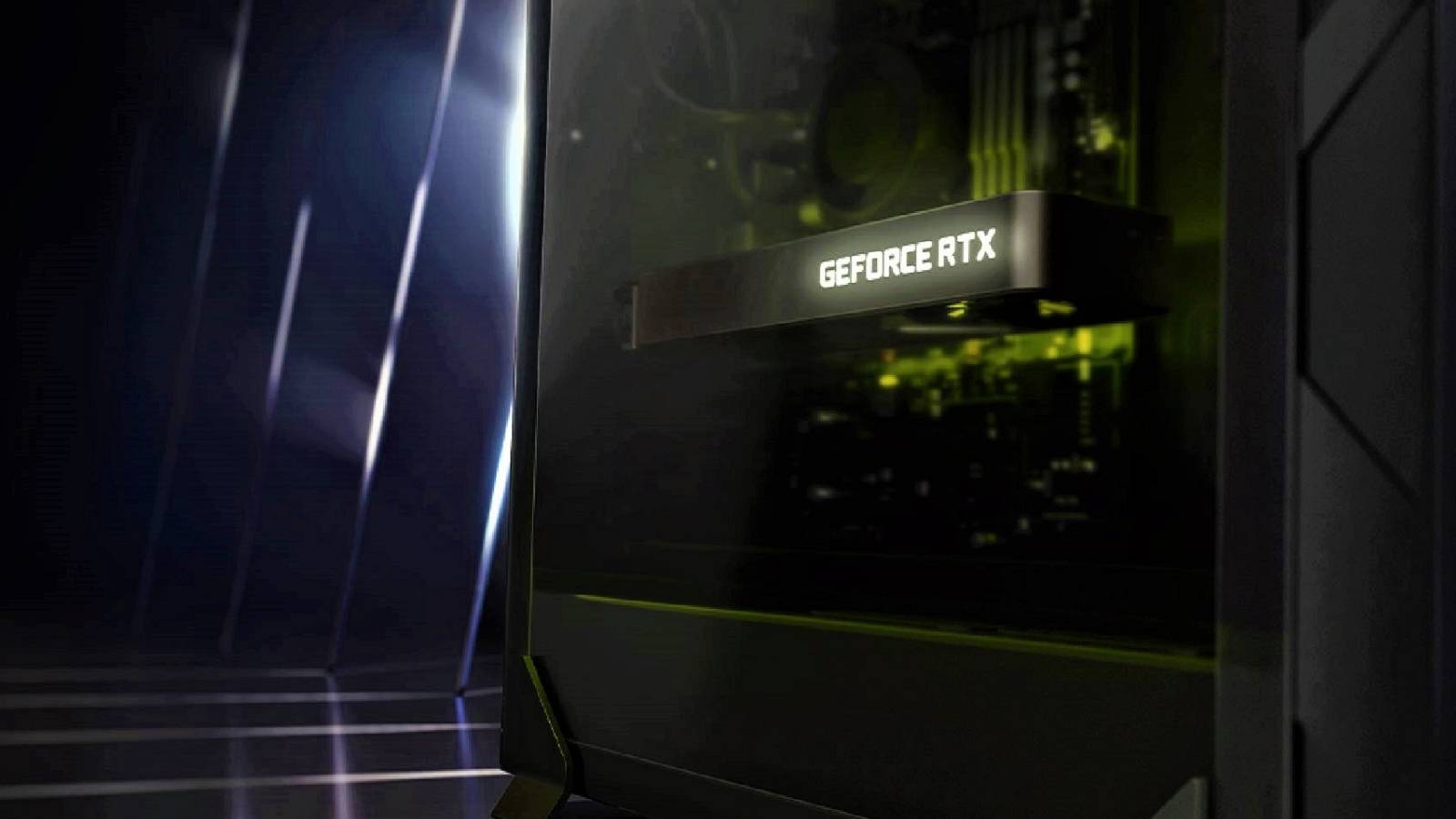 Image of an Nvidia RTX graphics card inside a PC tower case.