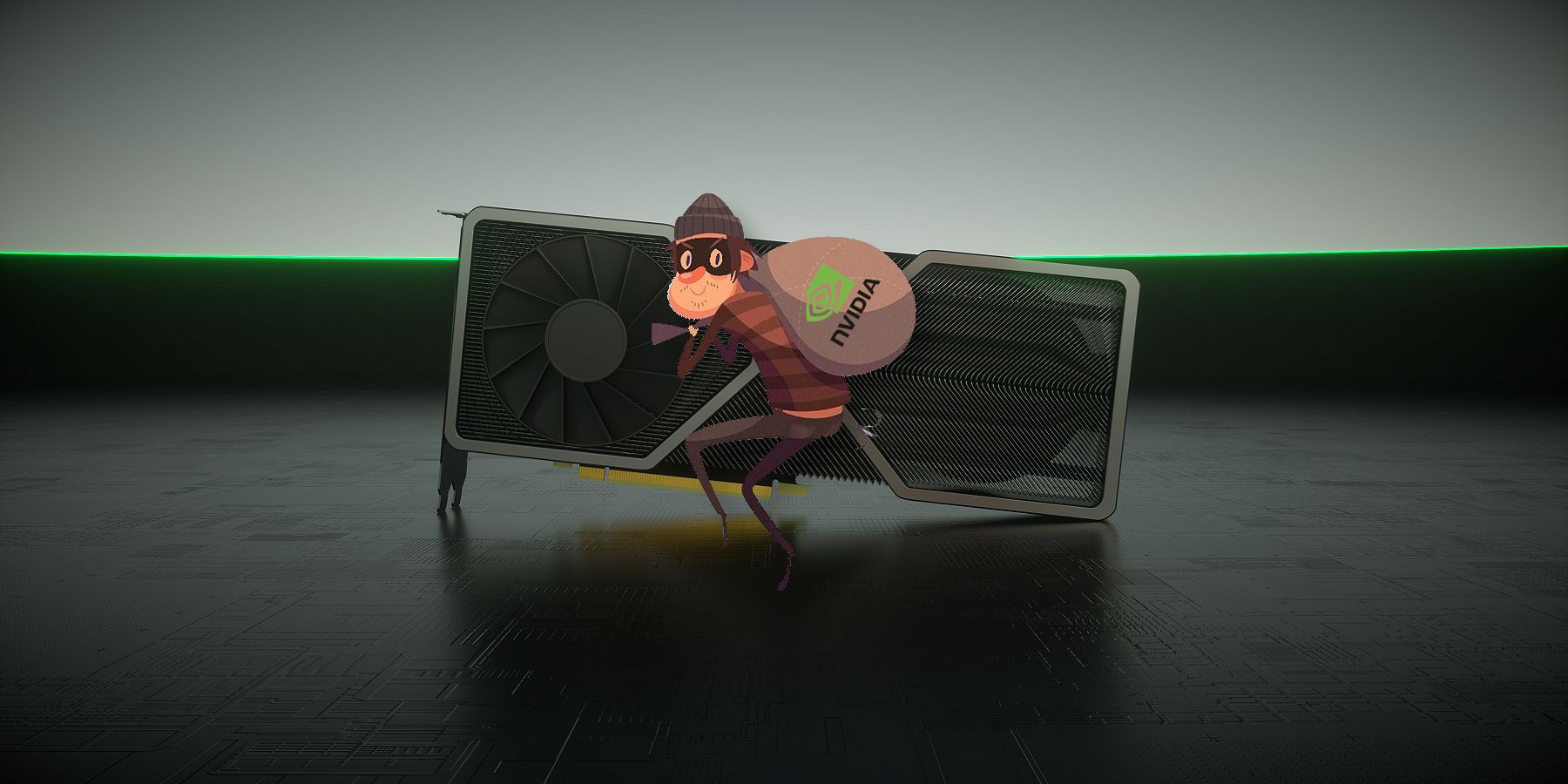 Image of an Nvidia RTX graphics card with a cartoon robber in front of it.