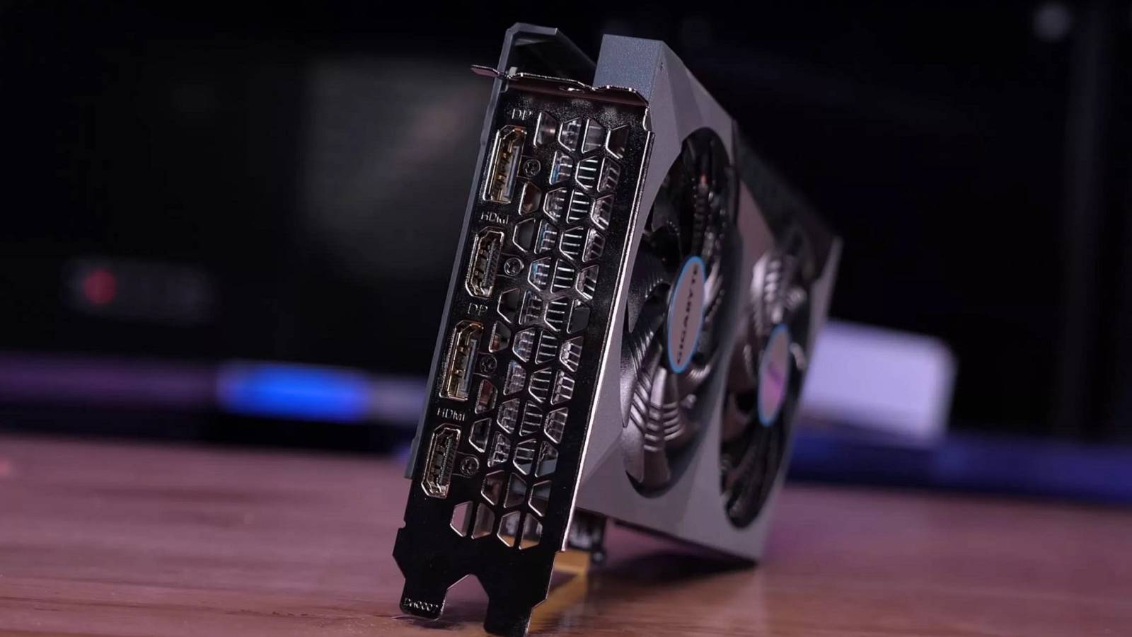 Image of an Nvidia RTX 3050 graphics card on its side.