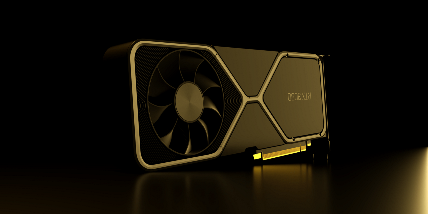 Photo showing an Nvidia RTX 3080 graphics card under gold lighting.