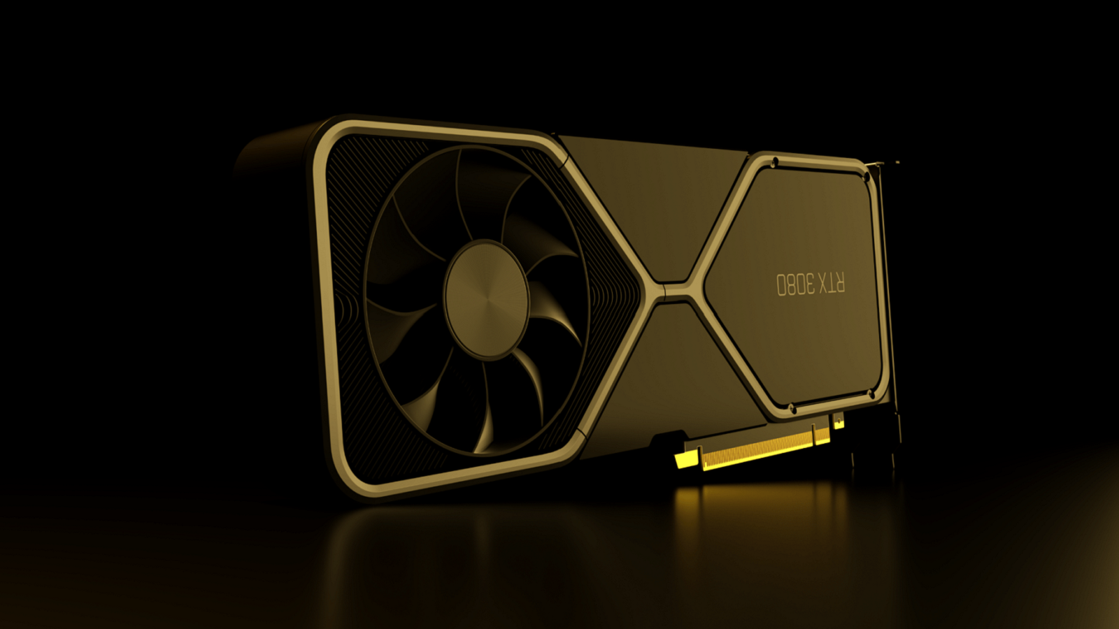 Photo showing an Nvidia RTX 3080 graphics card under gold lighting.