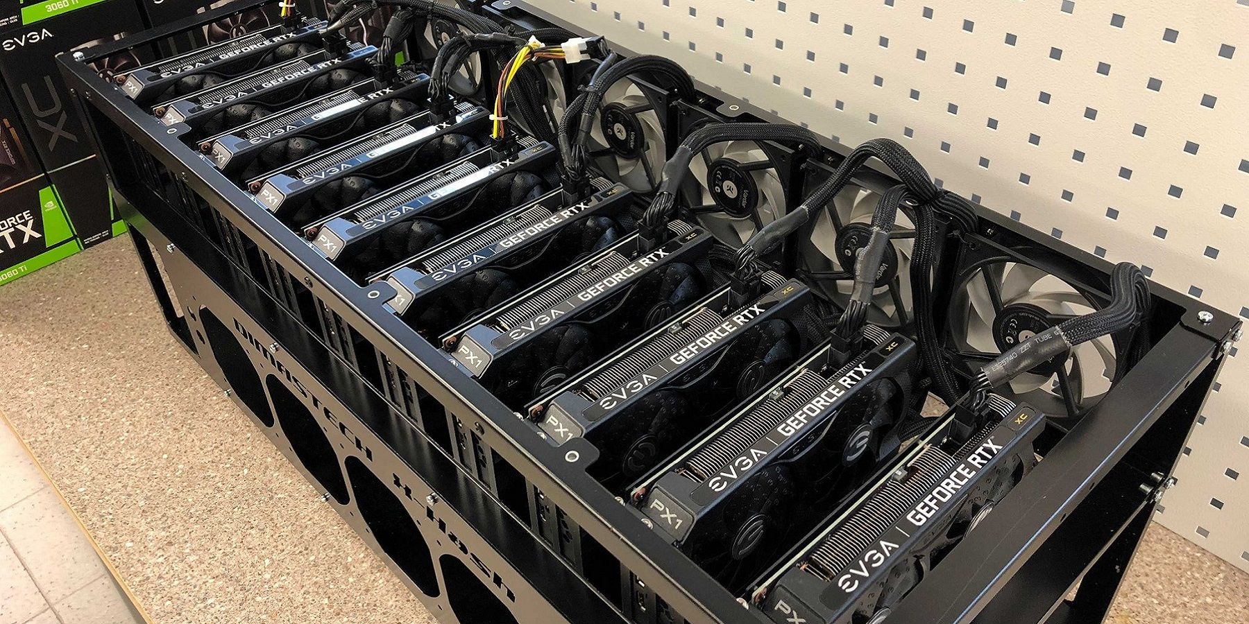 Photo of some Nvidia RTX graphics cards together in a mining farm.