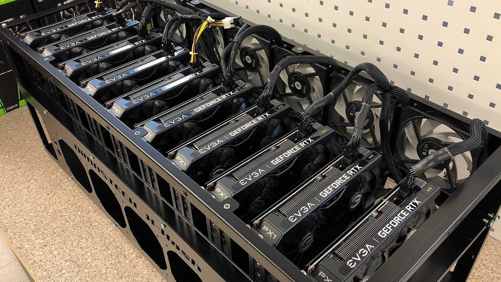 Photo of some Nvidia RTX graphics cards together in a mining farm.