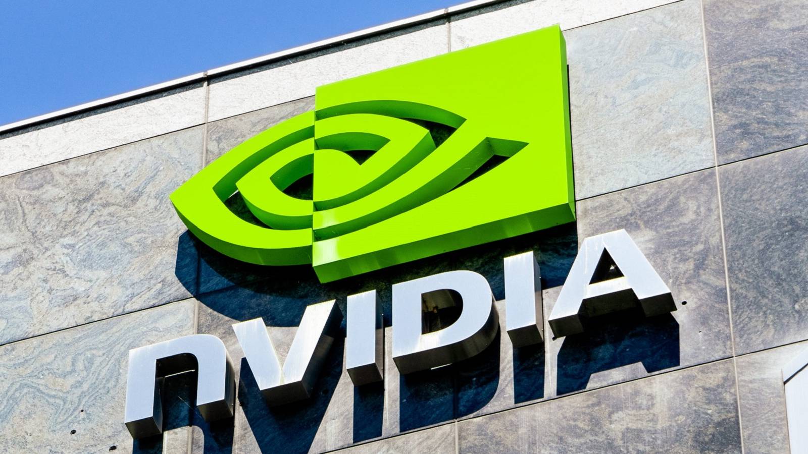Image of the Nvidia logo on a building, presumably the company headquarters.