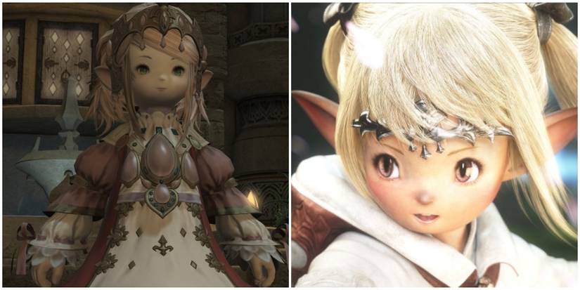 Split image of Nanamo and white mage Lalafell. 