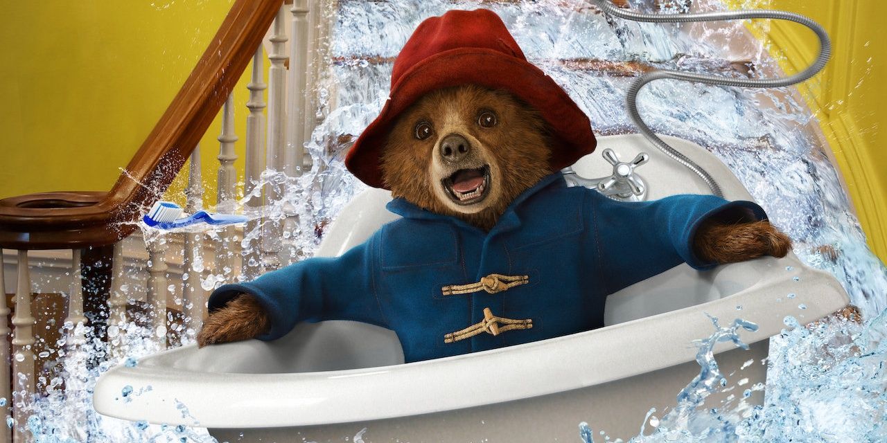 Paddington Bear in a bathtub flowing down a flight of stairs, in the movie Paddington