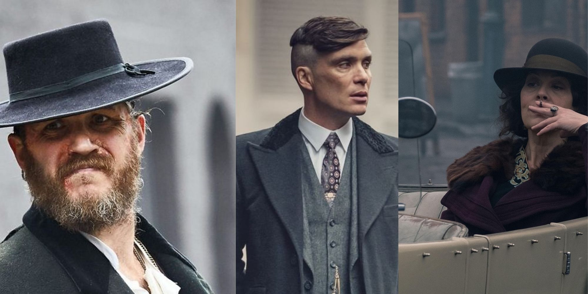 Split image of characters Alfie Solomons, Tommy Shelby, and Polly Gray from Peaky Blinders.