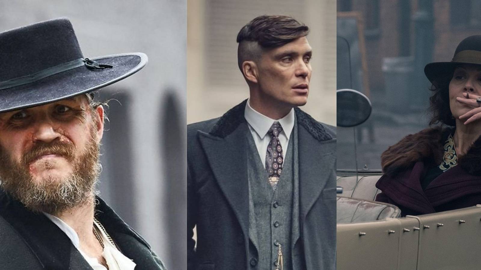 Split image of characters Alfie Solomons, Tommy Shelby, and Polly Gray from Peaky Blinders.