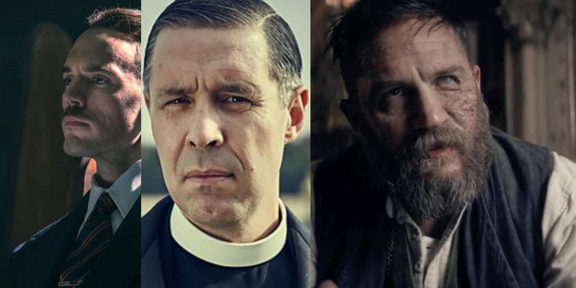 Split image of characters Oswald Mosley, Father Hughes, and Alfie Solomons from Peaky Blinders.