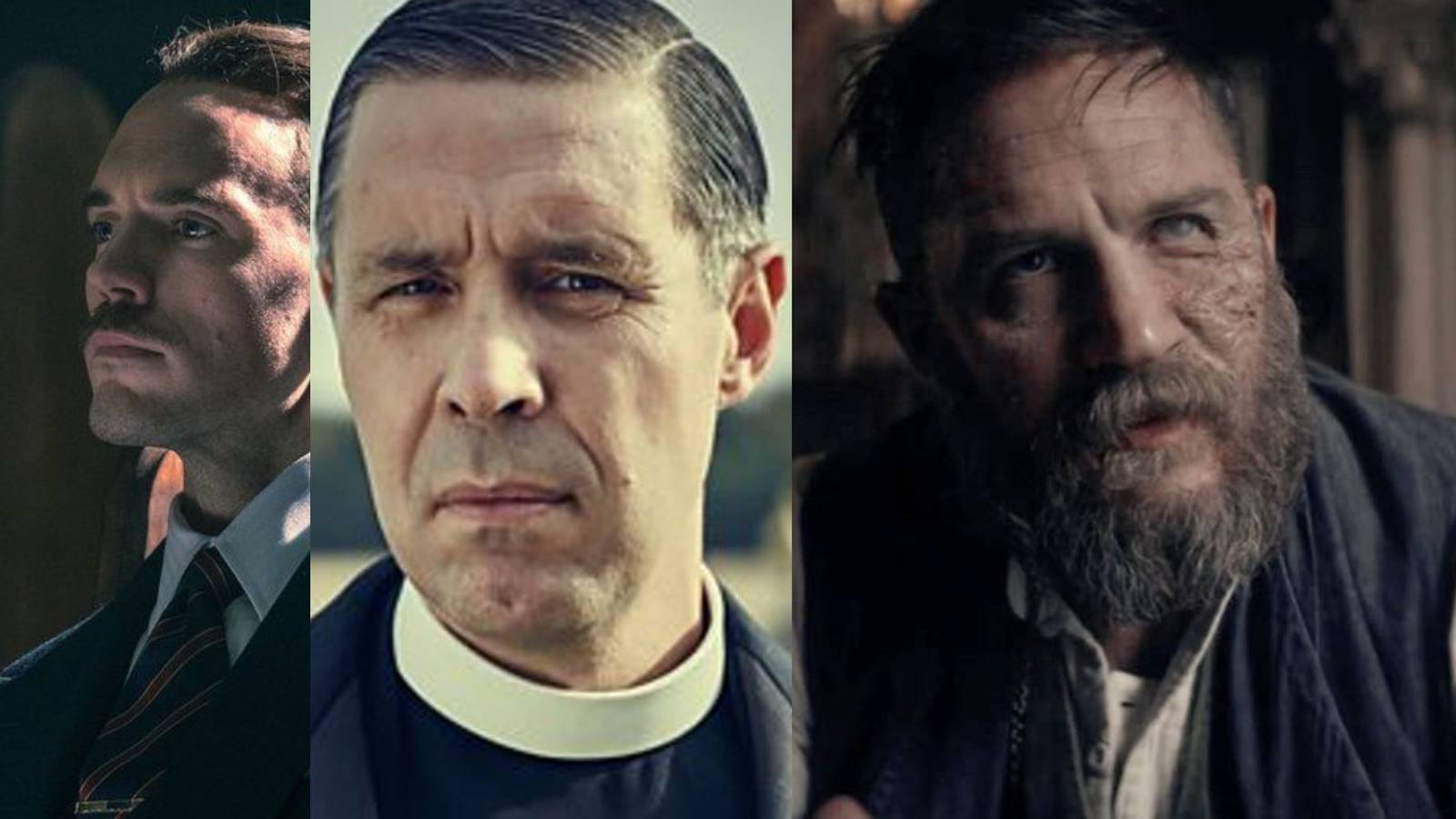 Split image of characters Oswald Mosley, Father Hughes, and Alfie Solomons from Peaky Blinders.