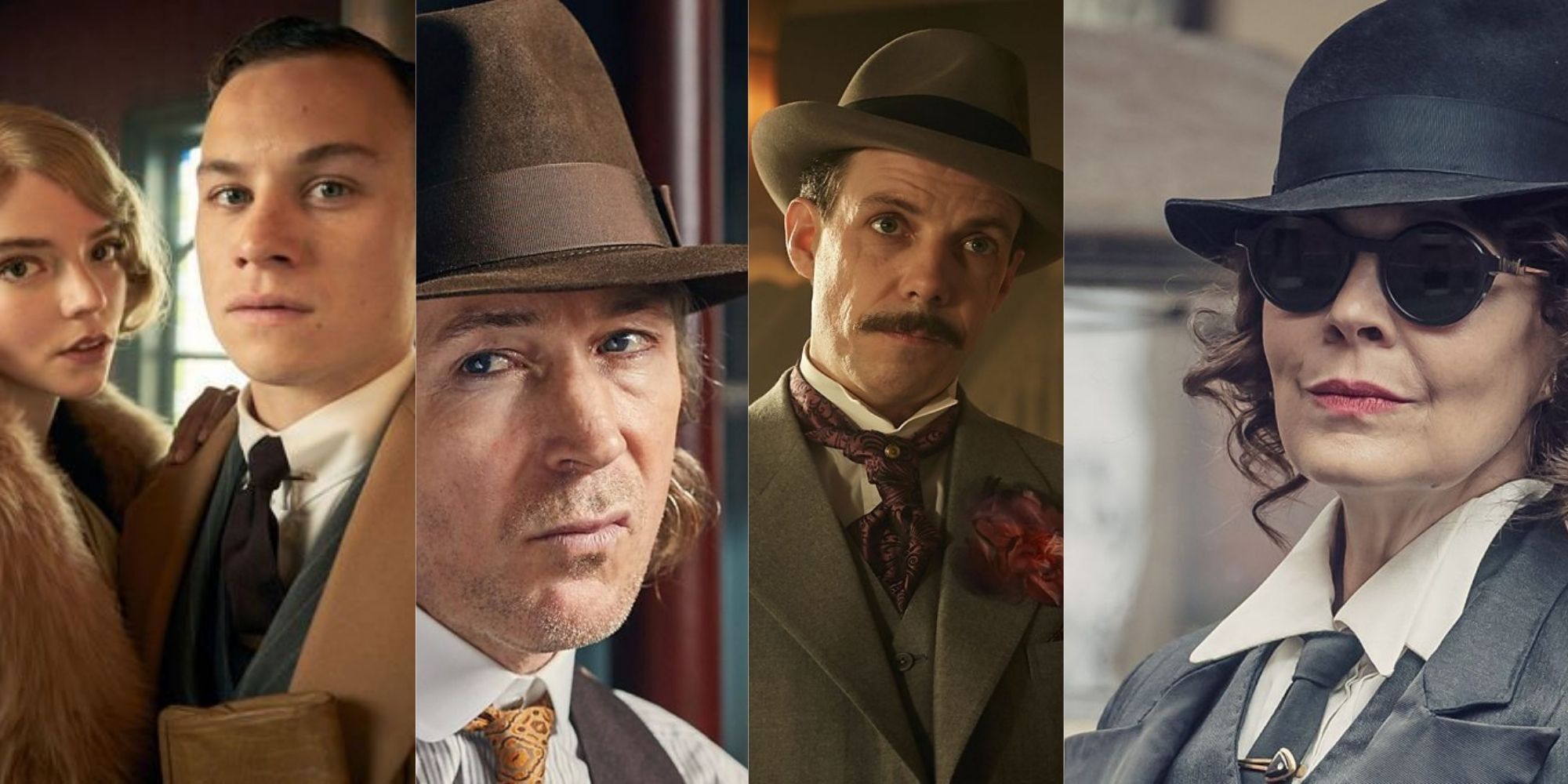 Split image of characters Michael and Gina Gray, Aberama Gold, Darcy Sabini, and Polly Gray from TV show Peaky Blinders.