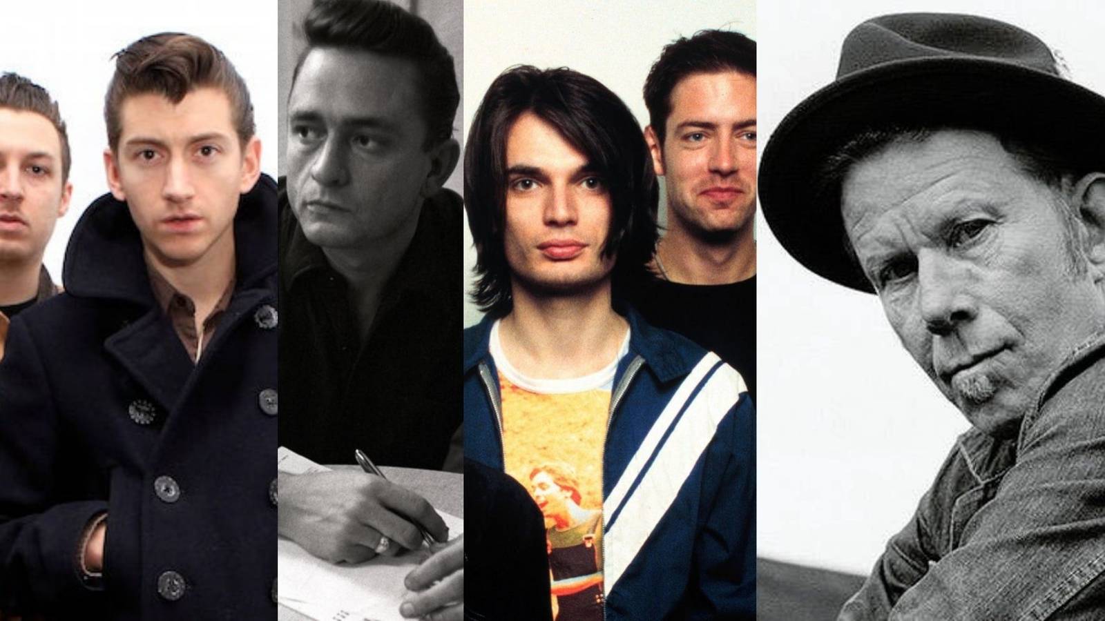 Split image of musicians Arctic Monkeys. Johnny Cash, Radiohead, and Tom Waits.