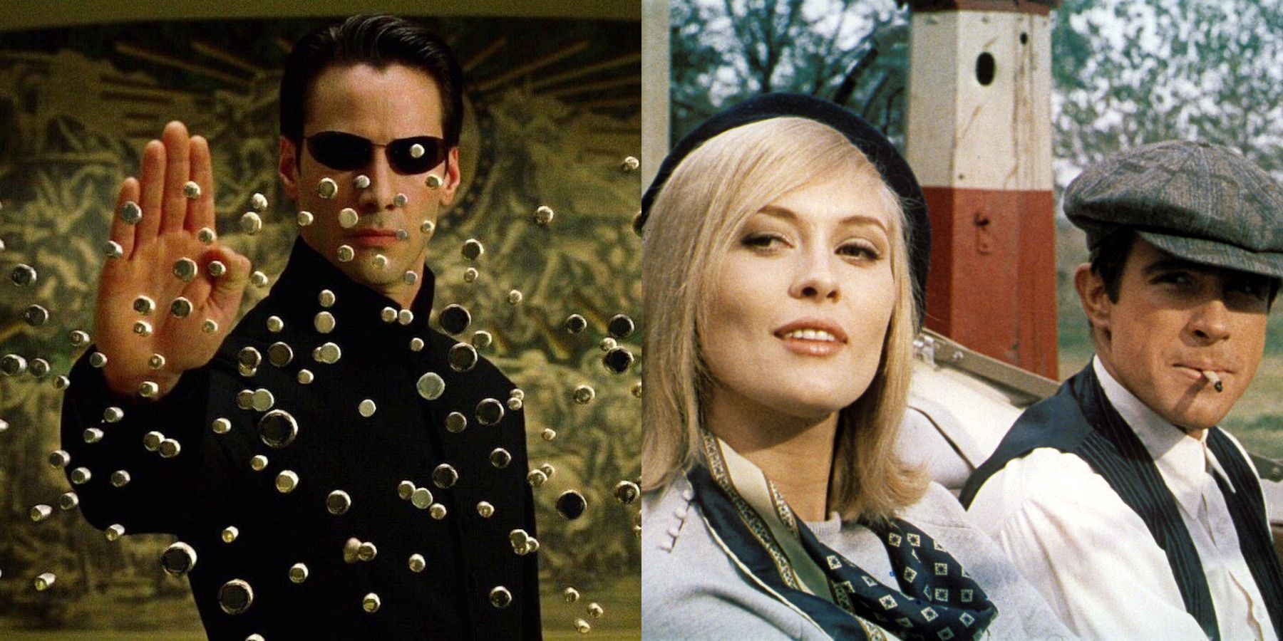 Best slow-motion scenes in movies feature split image Matrix and Bonnie and Clyde