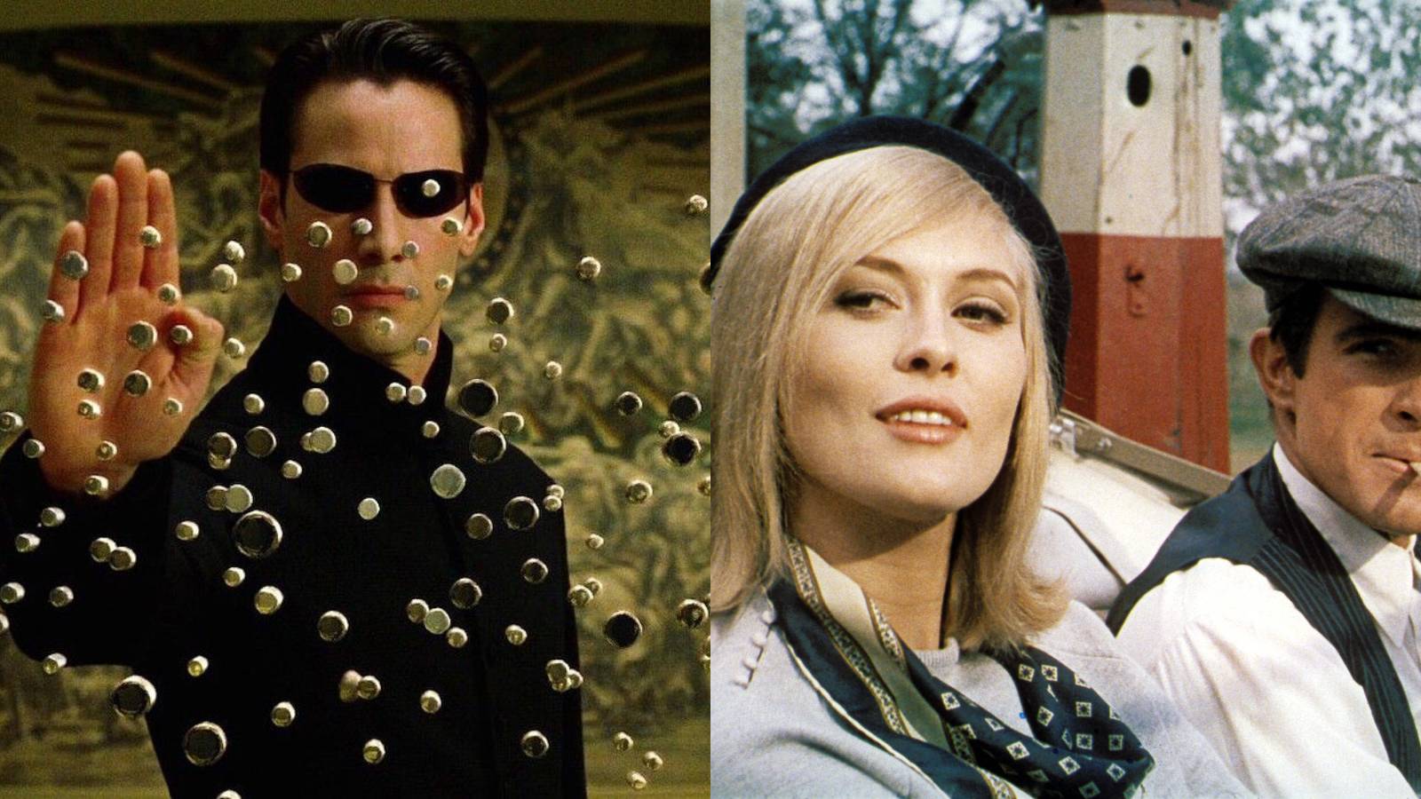 Best slow-motion scenes in movies feature split image Matrix and Bonnie and Clyde