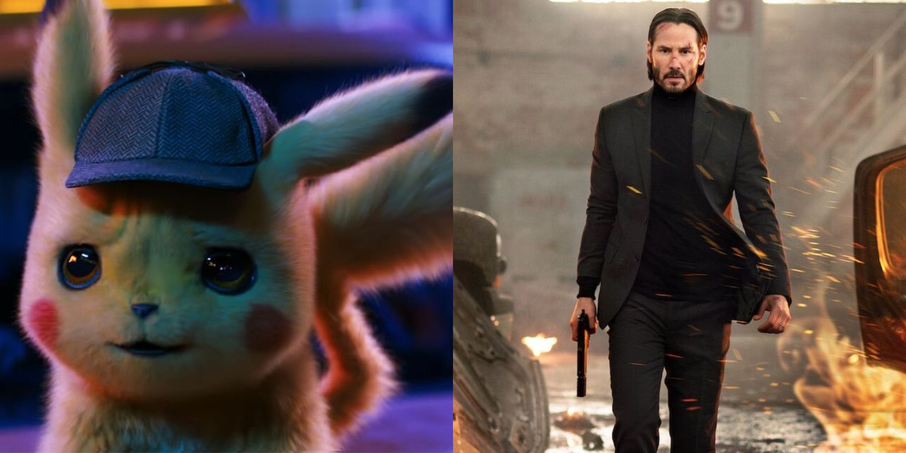 Action movies with best world-building feature split image Pokémon: Detective Pikachu and John Wick