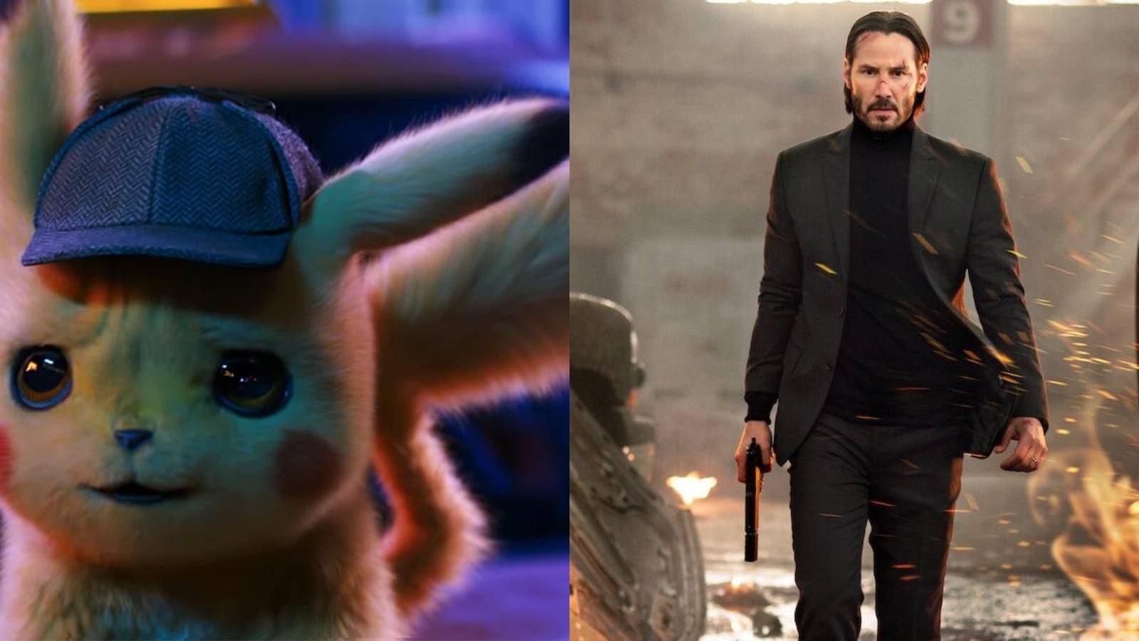 Action movies with best world-building feature split image Pokémon: Detective Pikachu and John Wick