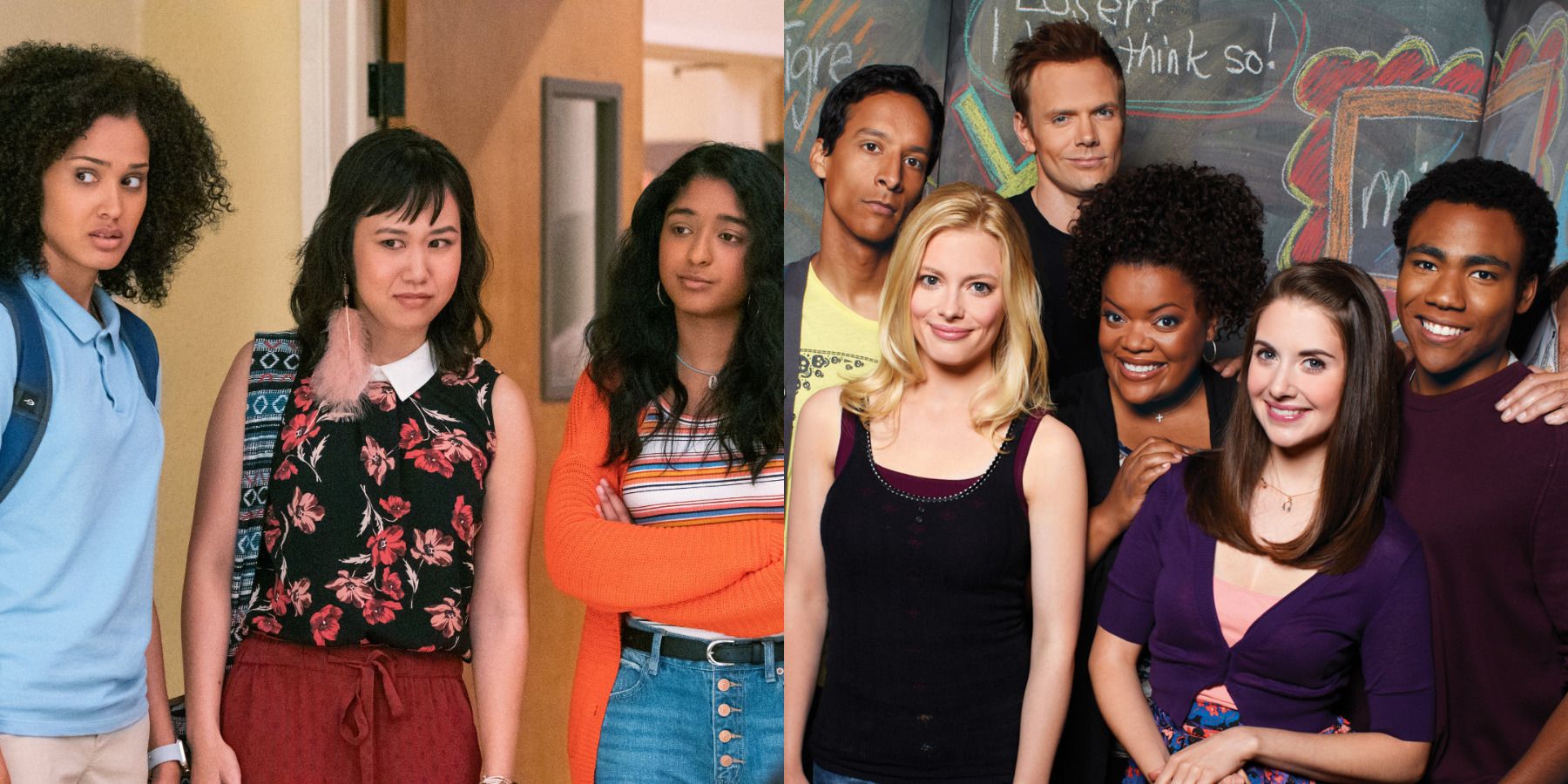 Netflix best sitcoms feature split image Never Have I Ever and Community