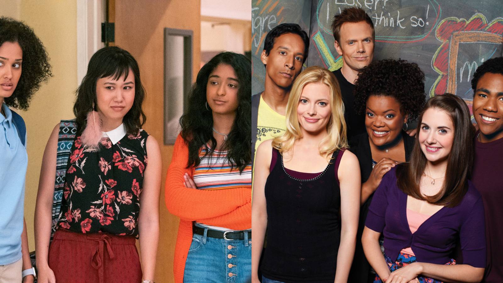 Netflix best sitcoms feature split image Never Have I Ever and Community